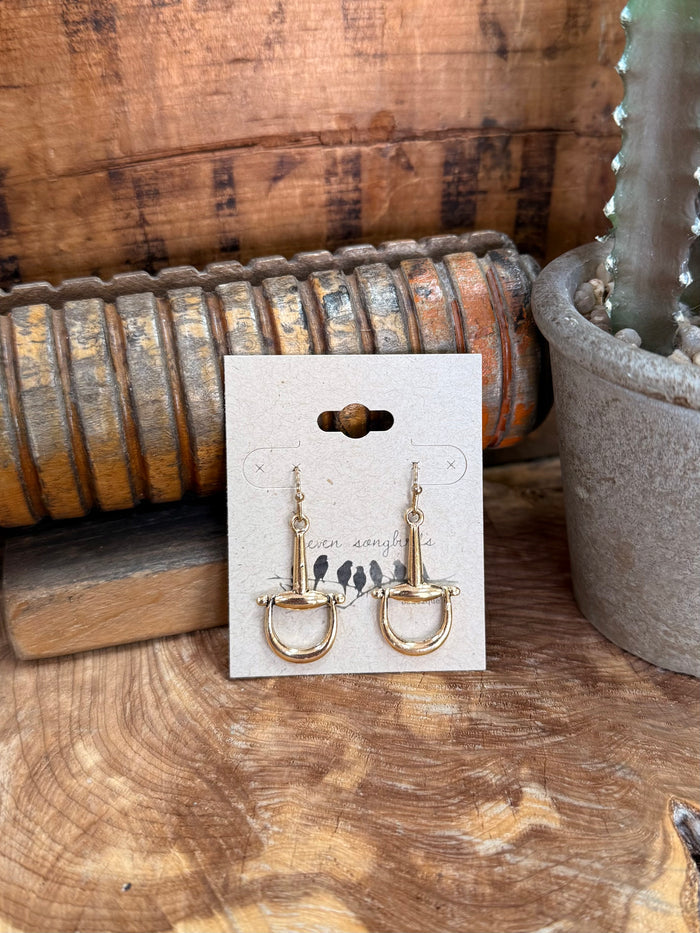 Gold-tone fishhook earrings with linked snaffle bit drop design