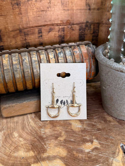 Gold-tone fishhook earrings with linked snaffle bit drop design