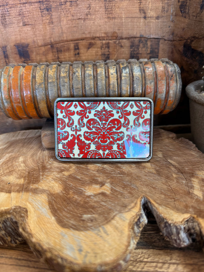 Red damask belt buckle in a silver rectangular metal frame