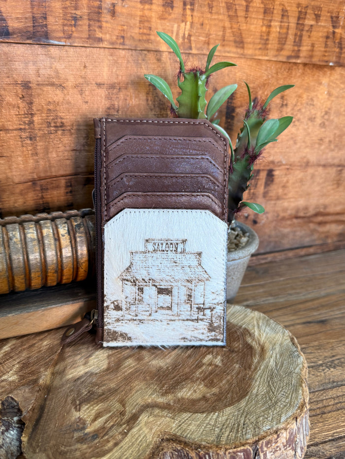 Brown cowhide card coin wallet with stitched card slots and white exterior panel