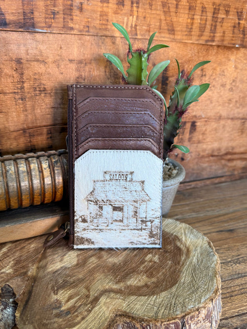 Brown cowhide card coin wallet with stitched card slots and white exterior panel