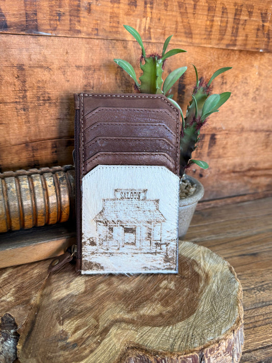 Brown cowhide card coin wallet with stitched card slots and white exterior panel