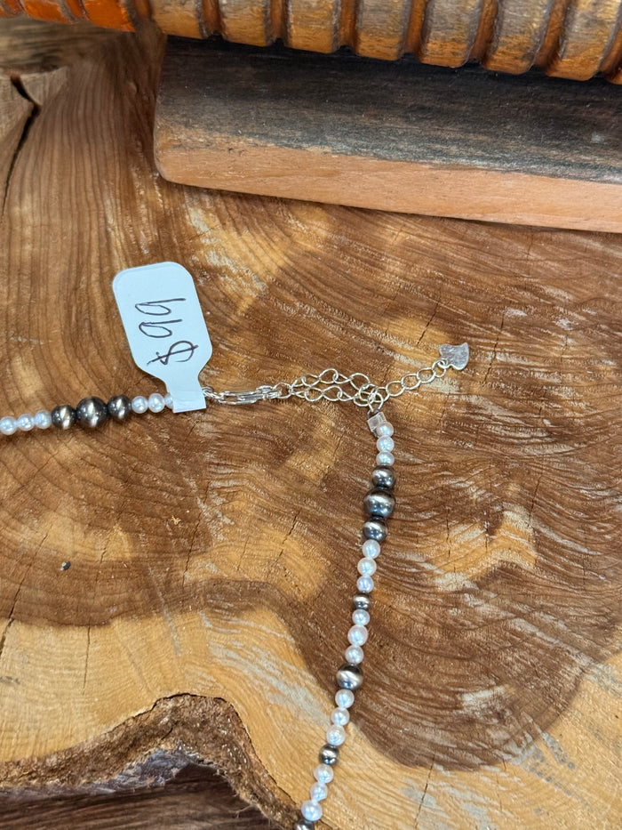 Freshwater pearl choker necklace with sterling chain extender and pearl drop