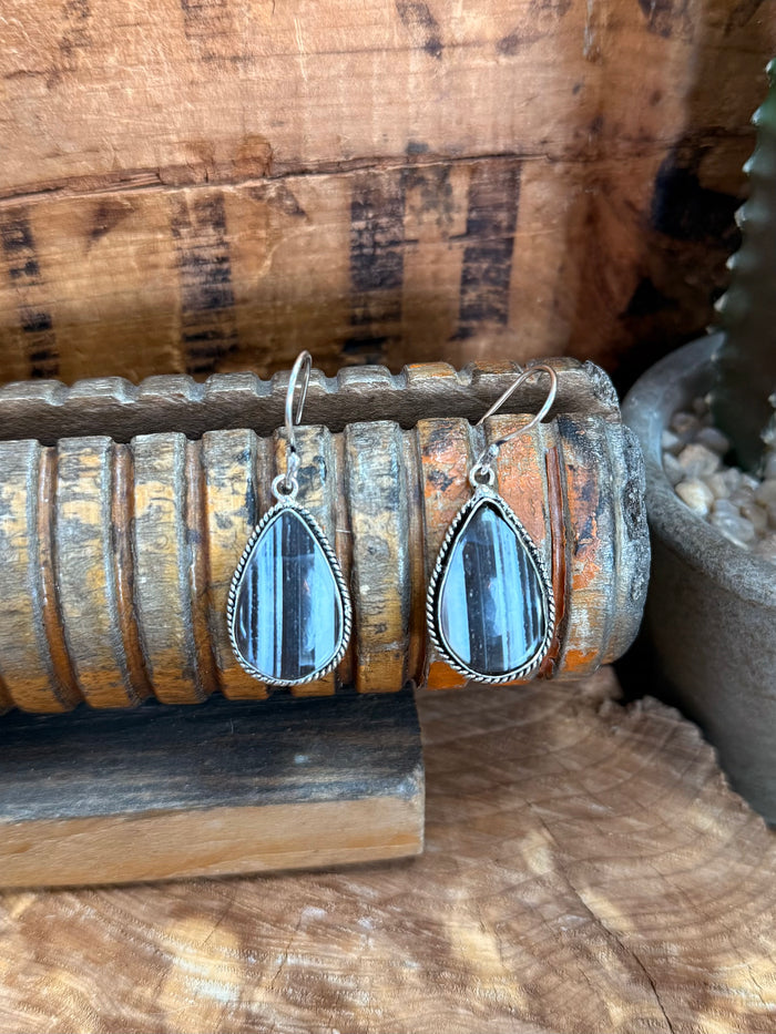 Blue opal teardrop fishhook earrings, silver-toned with blue stripe pattern