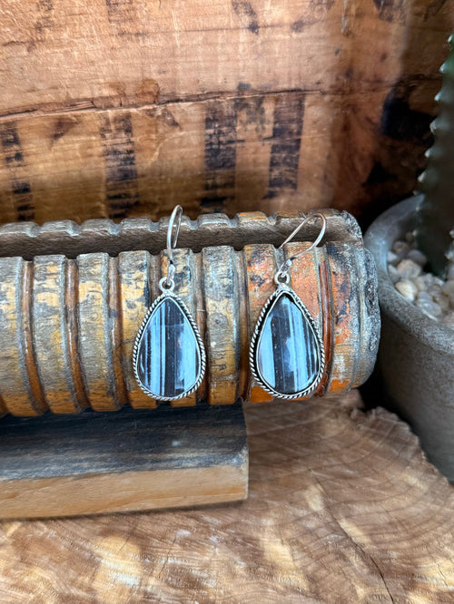 Blue opal teardrop fishhook earrings, silver-toned with blue stripe pattern
