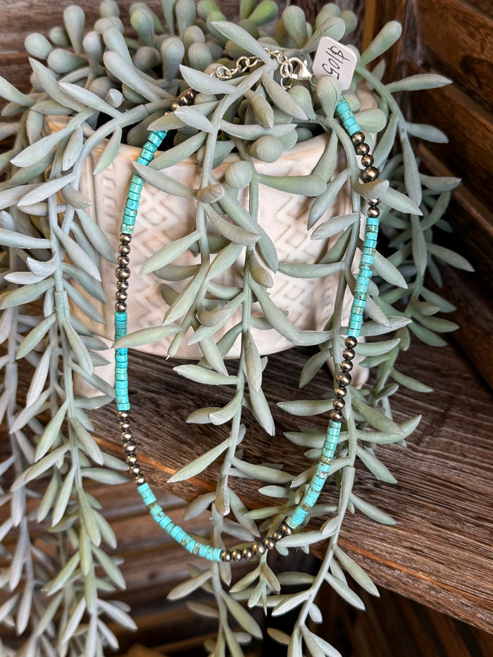14-inch blue turquoise heishi bead necklace with gold-tone beaded accents and clasp