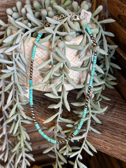 14-inch blue turquoise heishi bead necklace with gold-tone beaded accents and clasp