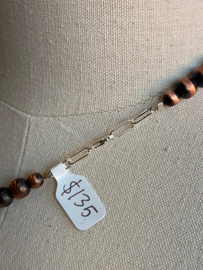 Copper bead necklace with clasp and hang tag