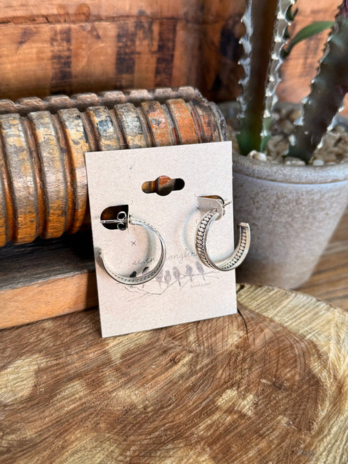 Sterling silver hoop stud earrings, curved hoops with beaded edge and clasp back