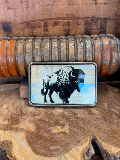 Rectangle belt buckle with buffalo graphic in clear inset and silver metal frame