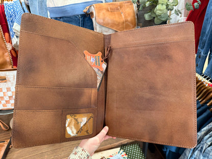Leather folio notebook interior with two pages, card slots, and pen holder