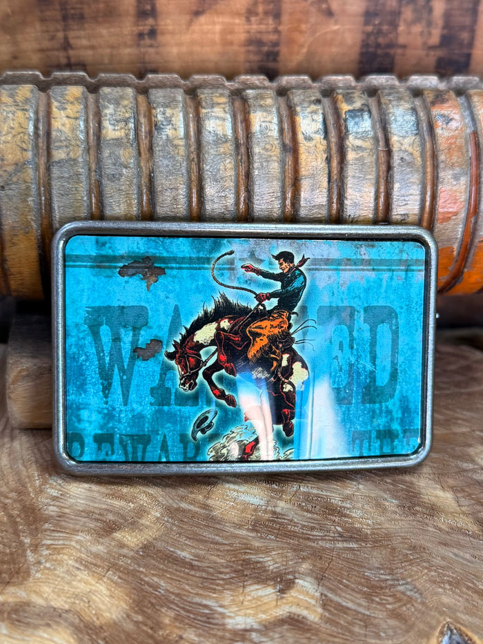 Cowboy saddle bronc belt buckle, blue graphic of rider on bronc, silver rectangular frame