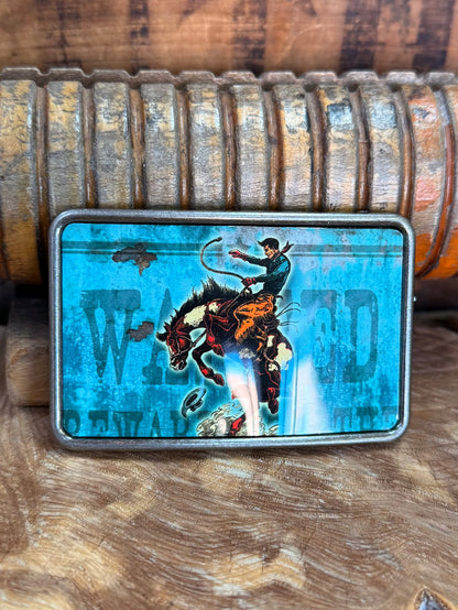 Cowboy saddle bronc belt buckle, blue graphic of rider on bronc, silver rectangular frame