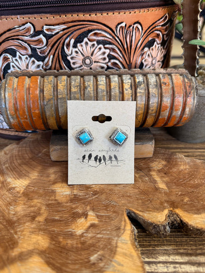 Turquoise square stud earrings with silver-tone wire mesh bezel