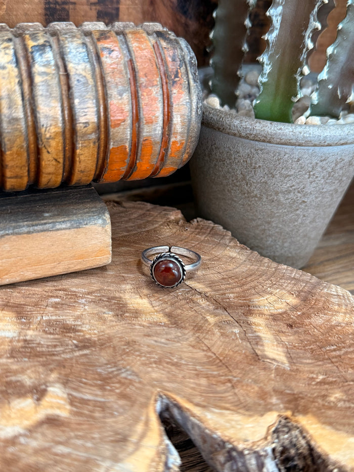 Silver adjustable ring with round red natural stone bezel setting