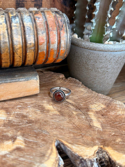 Silver adjustable ring with round red natural stone bezel setting