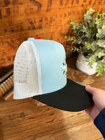 Light blue front trucker cap with white mesh sides and black brim