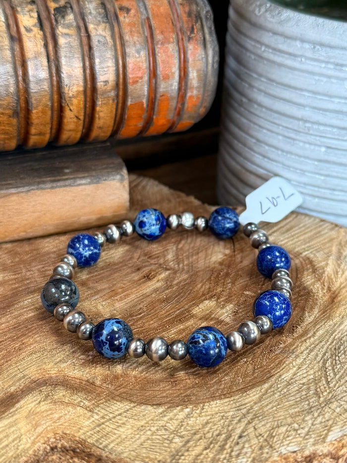 Blue jasper and silver-tone bead stretchy bracelet with textured spacers