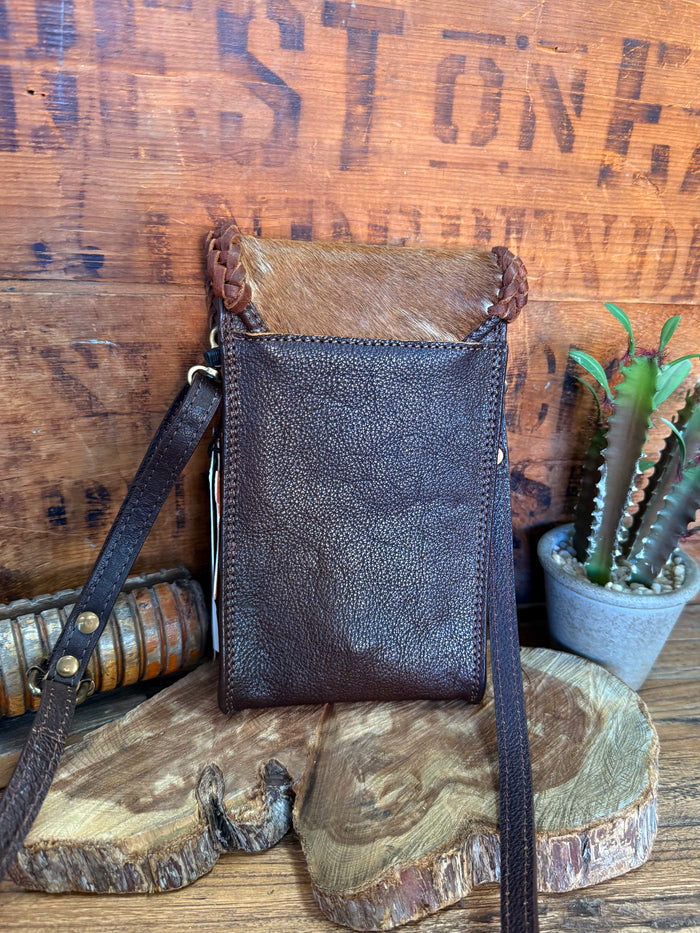 Brown leather and cowhide crossbody pouch bag with long strap and braided trim