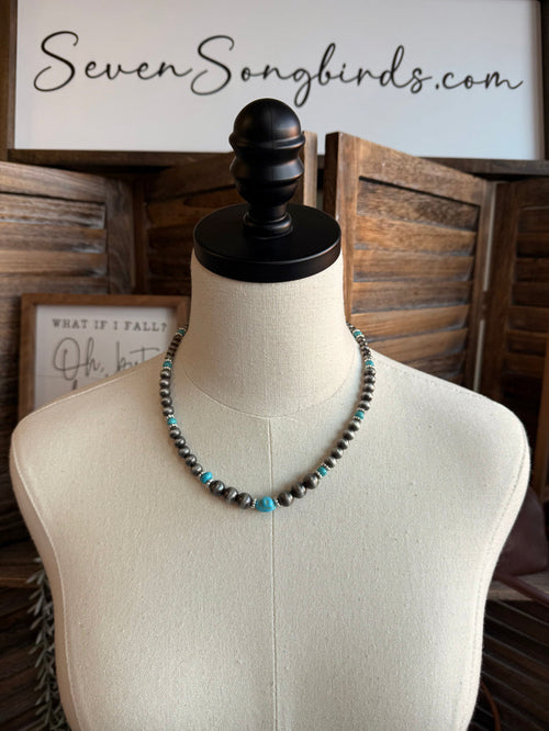 18-inch beaded necklace with silver-toned pearl beads and turquoise accent beads