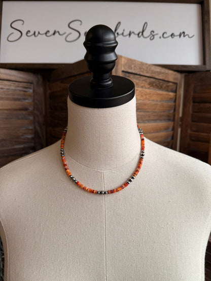 16-inch orange spiny oyster heishi necklace with sterling pearl bead accents