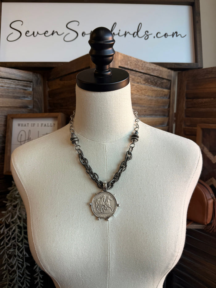 Horse coin medallion crystal necklace with dark chain and round horse pendant