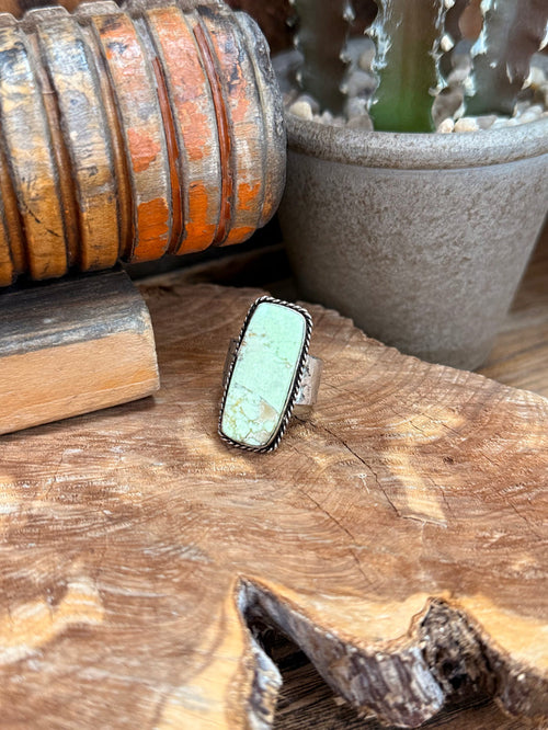 Adjustable silver-tone ring with oval turquoise-green chrysoprase stone bezel