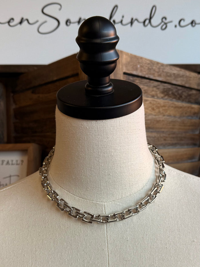 Chunky silver chain necklace with bold rectangular links