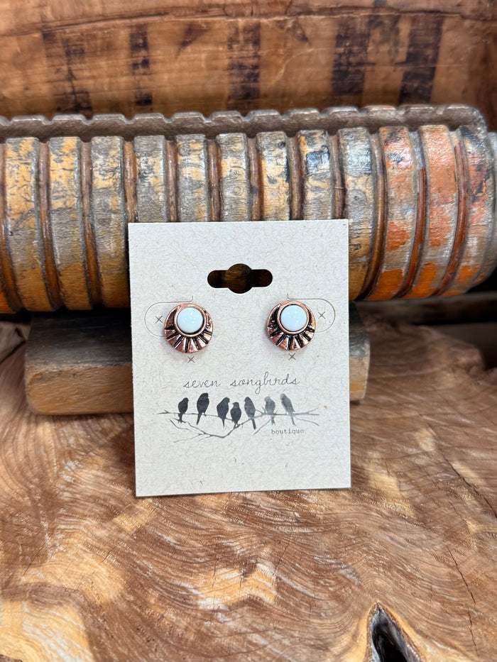 Silver concho fan stud earrings with round white stone and radial etched fan details