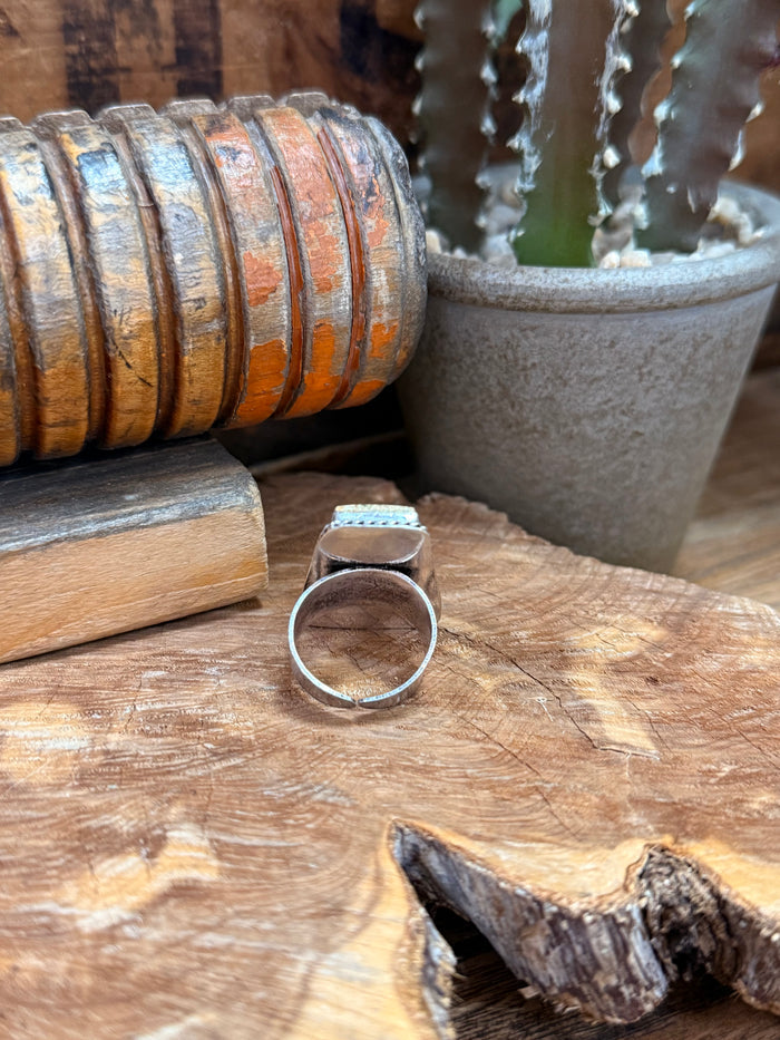 Adjustable silver-tone ring with rectangular speckled stone, visible open band