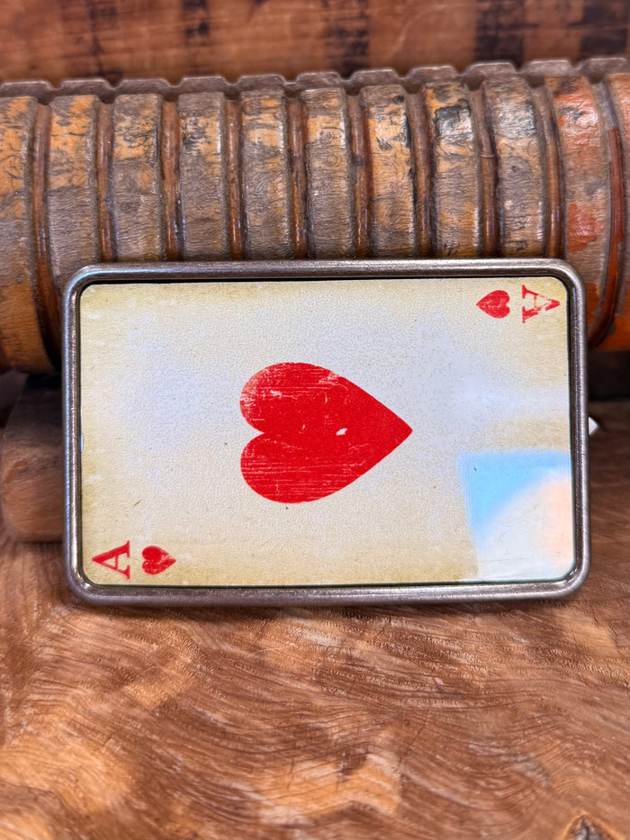 Ace of hearts belt buckle with large red heart and playing-card corner icons