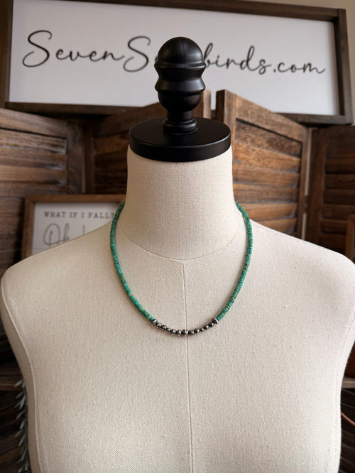 18-inch turquoise heishi necklace with sterling pearl accents