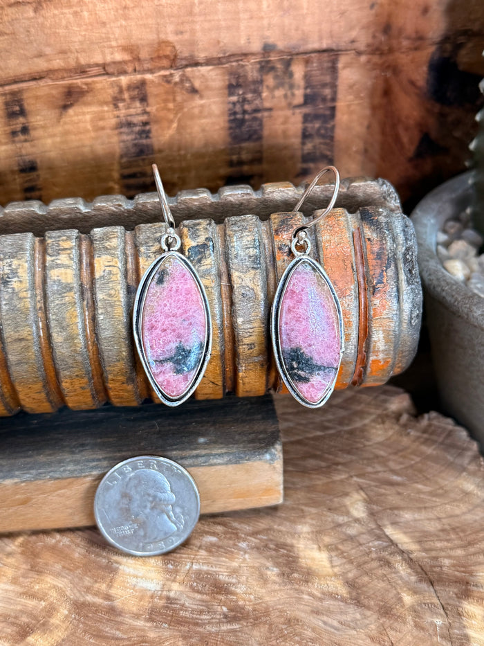 Pink oval rhodonite fishhook earrings, silver-tone frames; shown with small coin size