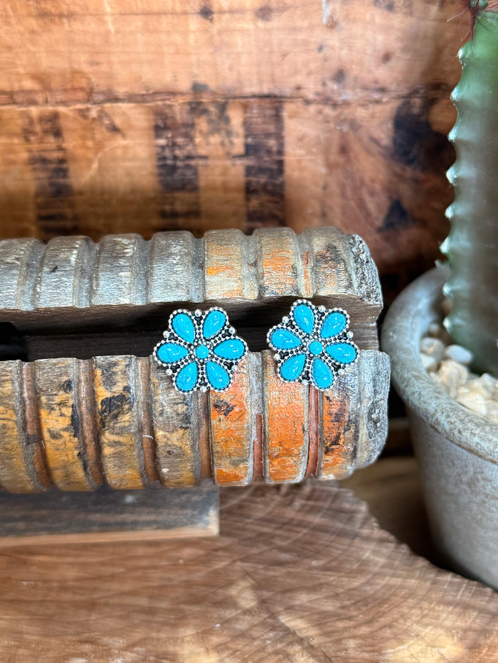 Silver stud earrings with turquoise floral cluster, four-petal blue flower with silver dots