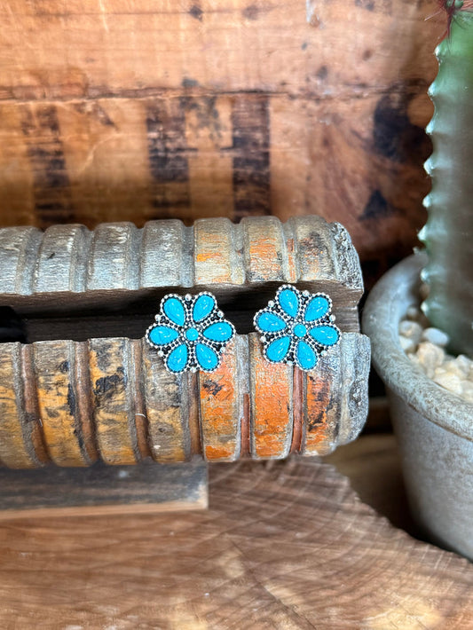 Silver stud earrings with turquoise floral cluster, four-petal blue flower with silver dots