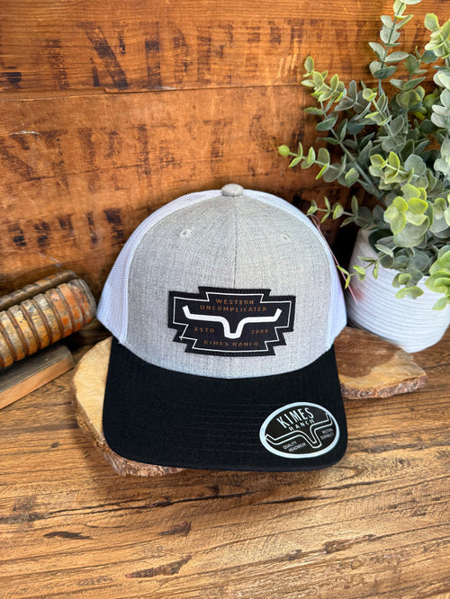 Grey heather and black mesh trucker hat with Western Uncomplicated front patch
