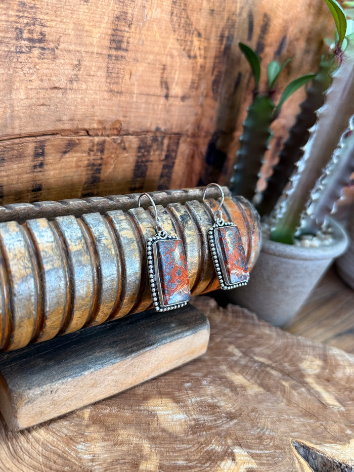 Pair of rectangular lace agate fishhook earrings, blue-orange stone with silver bezel and hook