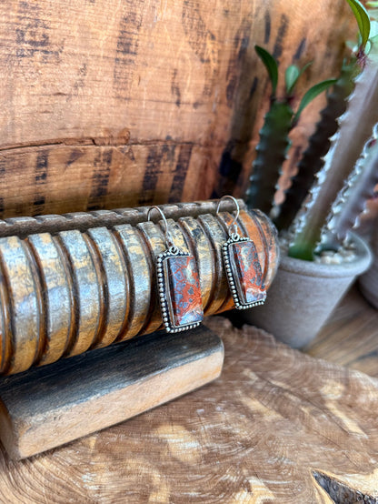 Pair of rectangular lace agate fishhook earrings, blue-orange stone with silver bezel and hook