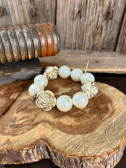 Pearl rose stretch bracelet with white opal round beads and gold floral charms