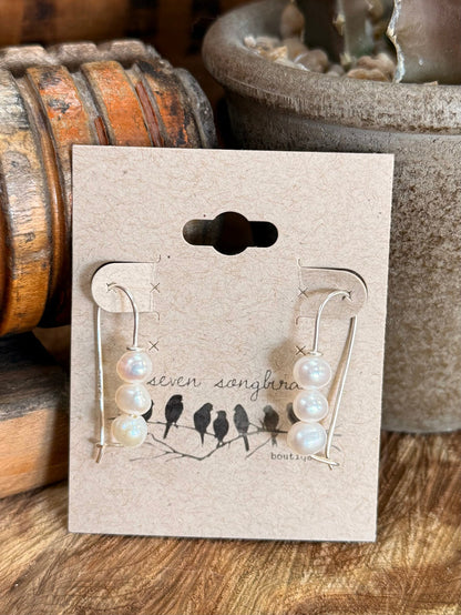 Sterling silver fishhook earrings with dangling freshwater pearl clusters