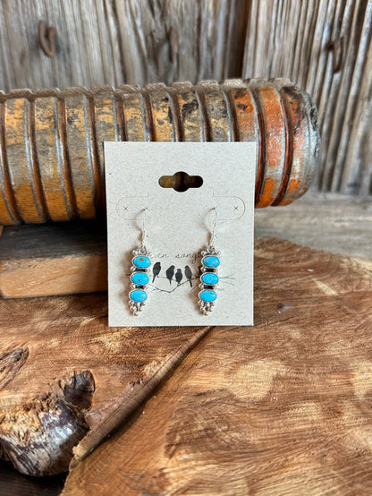 Sterling silver turquoise triple-stacked cluster drop earrings with three blue stones each
