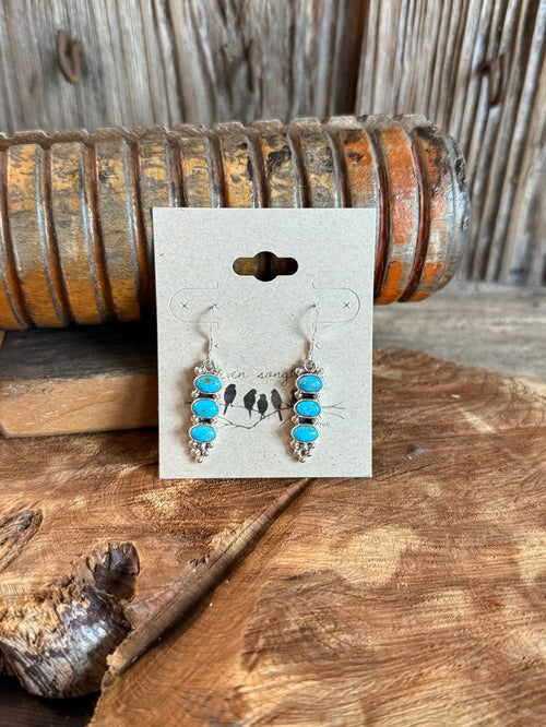 Sterling silver turquoise triple-stacked cluster drop earrings with three blue stones each