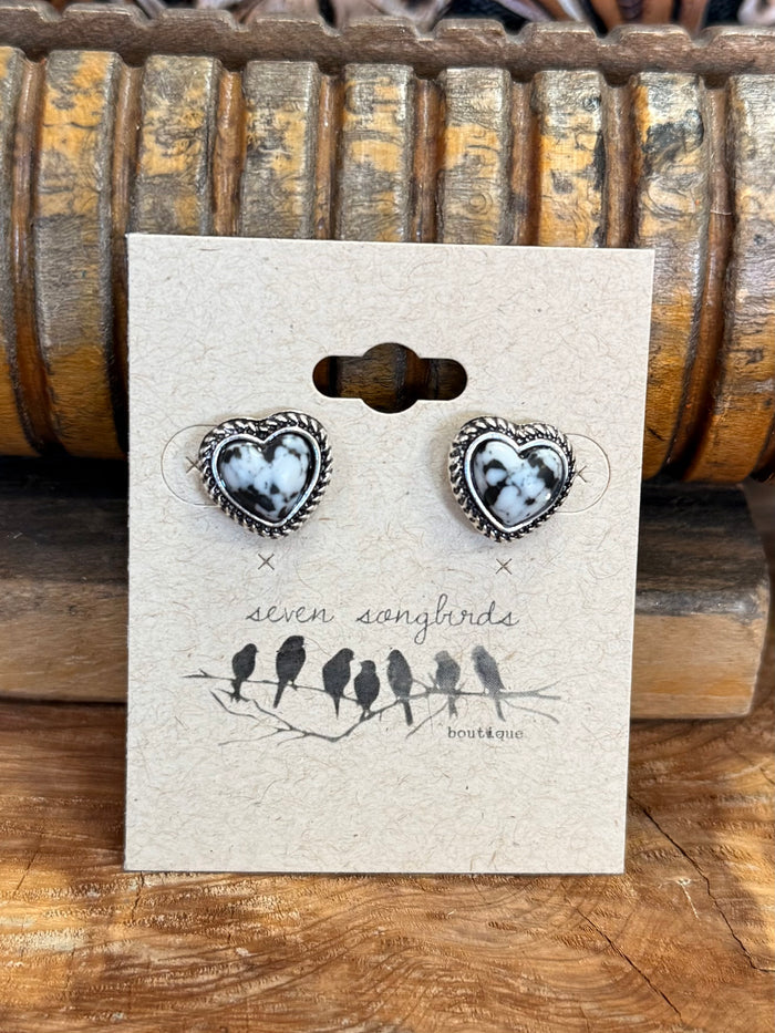 Heart stud earrings, silver-tone filigree hearts with black-and-white center stones