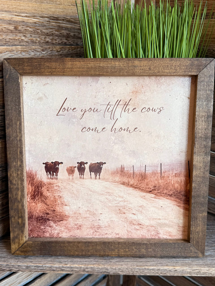 10x10 framed wall art showing cows along a dirt road with handwritten quote