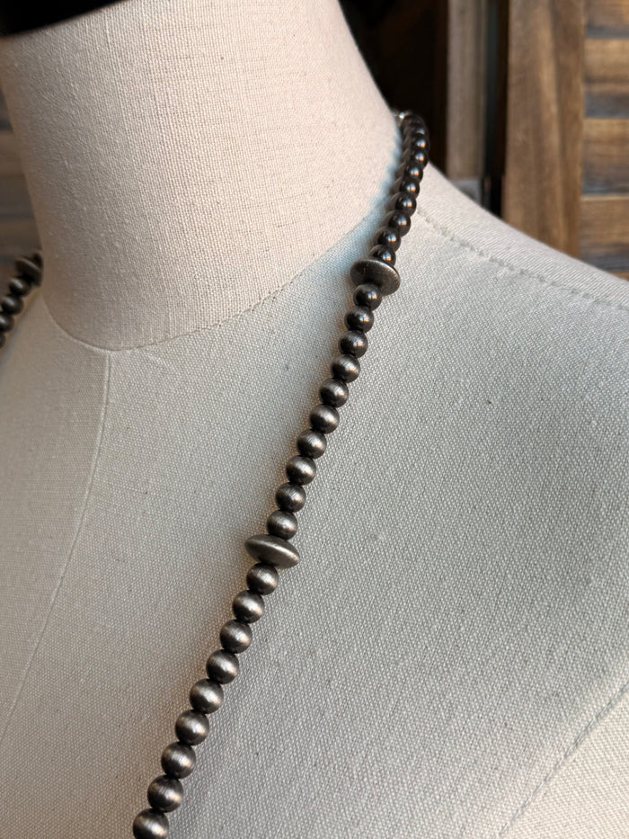 Silver-tone pearl bead necklace strand with tightly spaced round beads