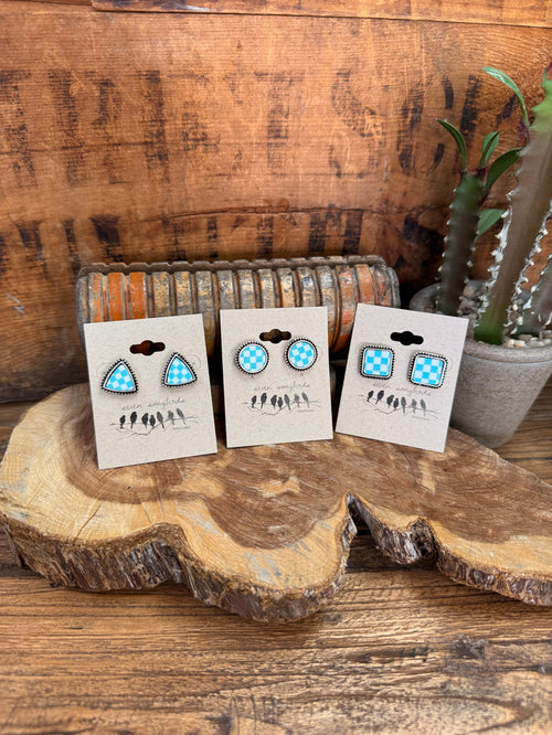 Set of blue-and-white checkered stud earrings: triangles, circles, and squares