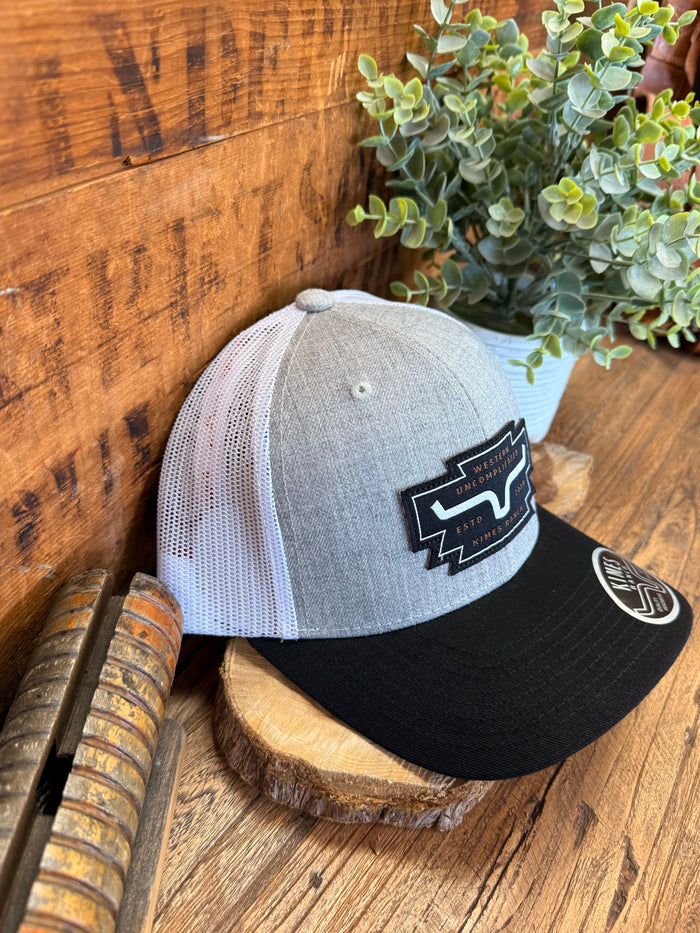 Grey heather and black trucker hat with Kimes Ranch side logo badge