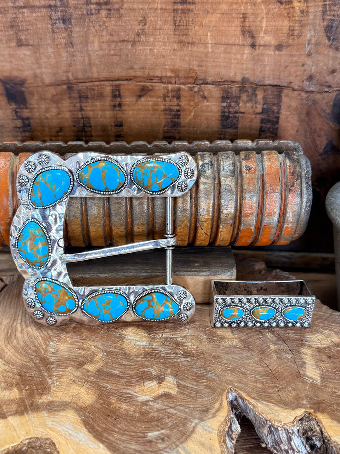 Turquoise oval stone belt buckle with silver-tone keeper and smaller matching strap