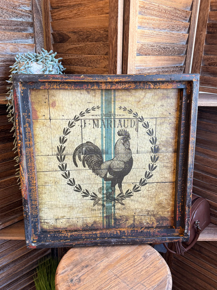 Rooster framed artwork with teal rooster illustration and distressed blue wooden frame
