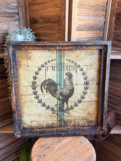 Rooster framed artwork with teal rooster illustration and distressed blue wooden frame